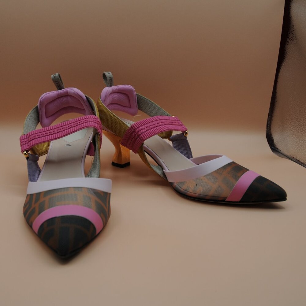 Fendi Colibri 55mm Mesh Slingback Pumps Pink Gold Monogram - Picture 4 of 7